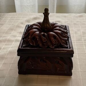 Ornate Brown Wooden Box with Decorative Lid